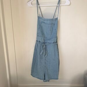 Retro light wash blue denim romper